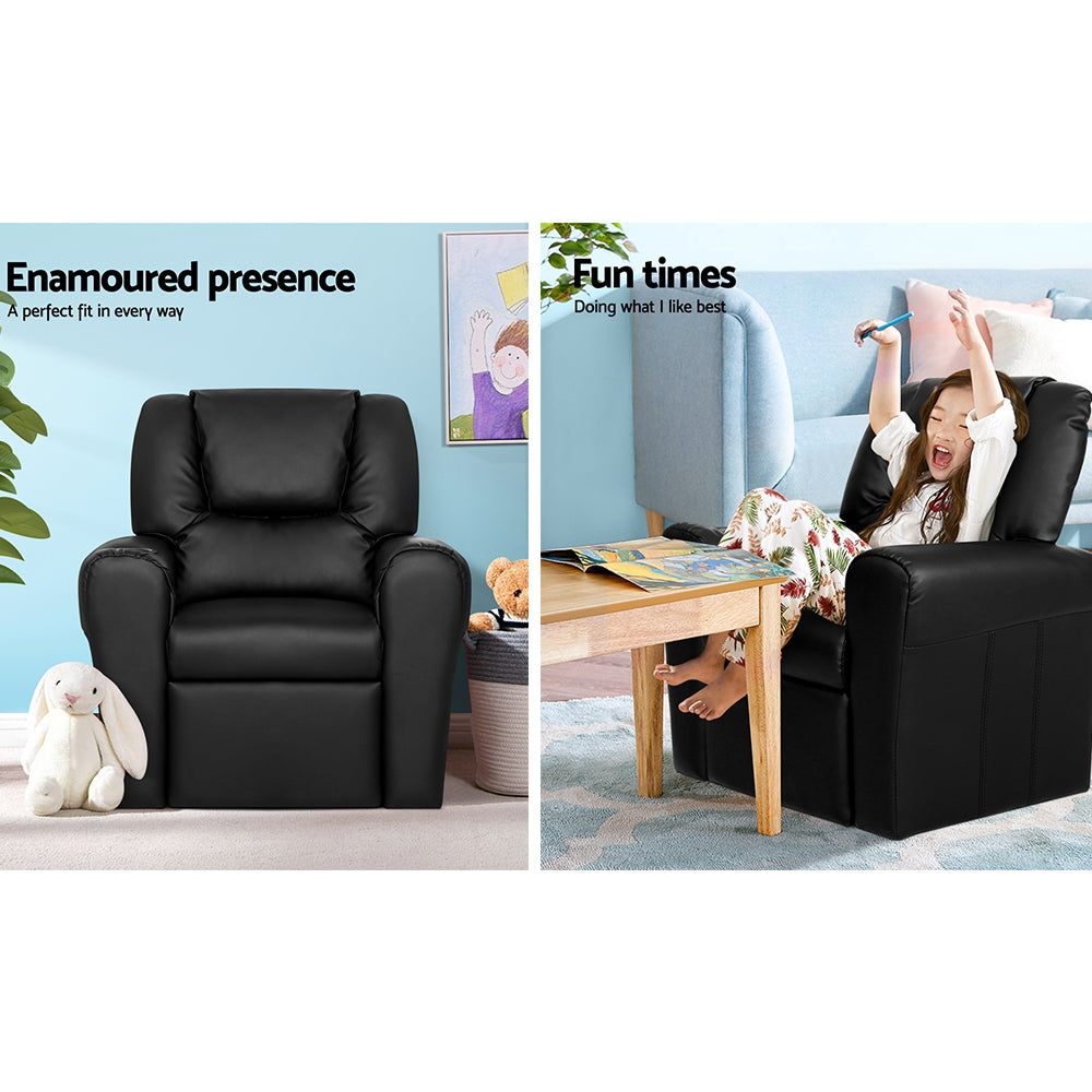 Braneit™ Kids Recliner Chair – Black PU Leather Sofa Armchair for Lounge & Playroom