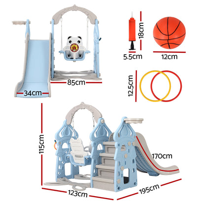 Keezi 170cm Kids Slide & Swing Set – Blue Outdoor Playground with Basketball Hoop & Rings