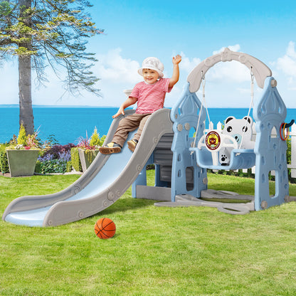 Keezi 170cm Kids Slide & Swing Set – Blue Outdoor Playground with Basketball Hoop & Rings