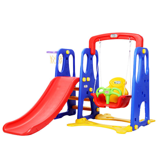 Keezi Kids Slide & Swing Set – 120cm Blue Outdoor Playground with Basketball Hoop