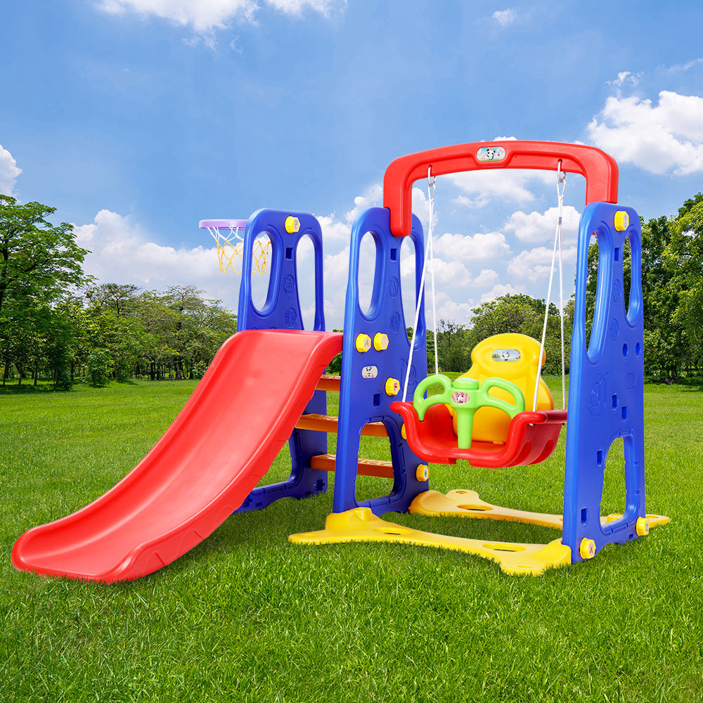 Keezi Kids Slide & Swing Set – 120cm Blue Outdoor Playground with Basketball Hoop