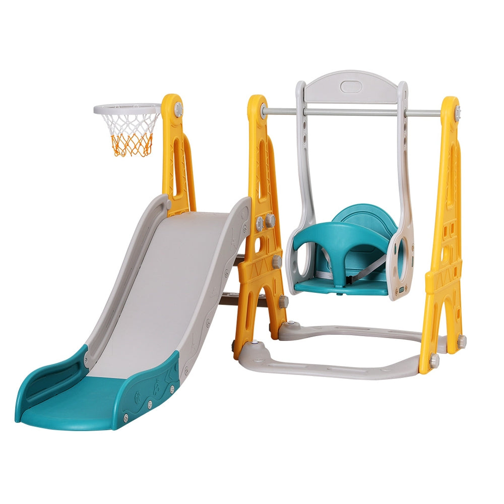 Keezi Kids Slide & Swing Set – 140cm Adjustable Outdoor Playset with Basketball Hoop (Green)