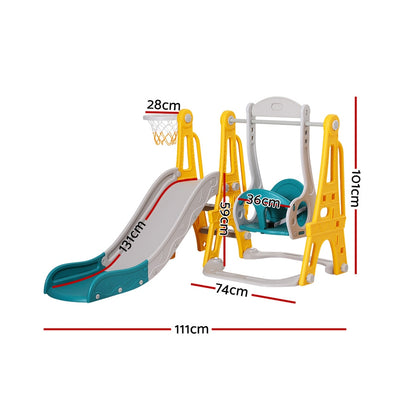 Keezi Kids Slide & Swing Set – 140cm Adjustable Outdoor Playset with Basketball Hoop (Green)