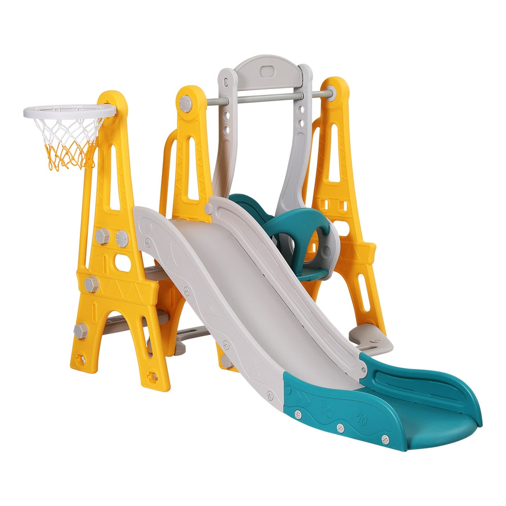 Keezi Kids Slide & Swing Set – 140cm Adjustable Outdoor Playset with Basketball Hoop (Green)