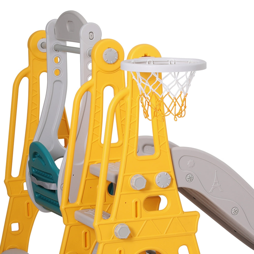 Keezi Kids Slide & Swing Set – 140cm Adjustable Outdoor Playset with Basketball Hoop (Green)