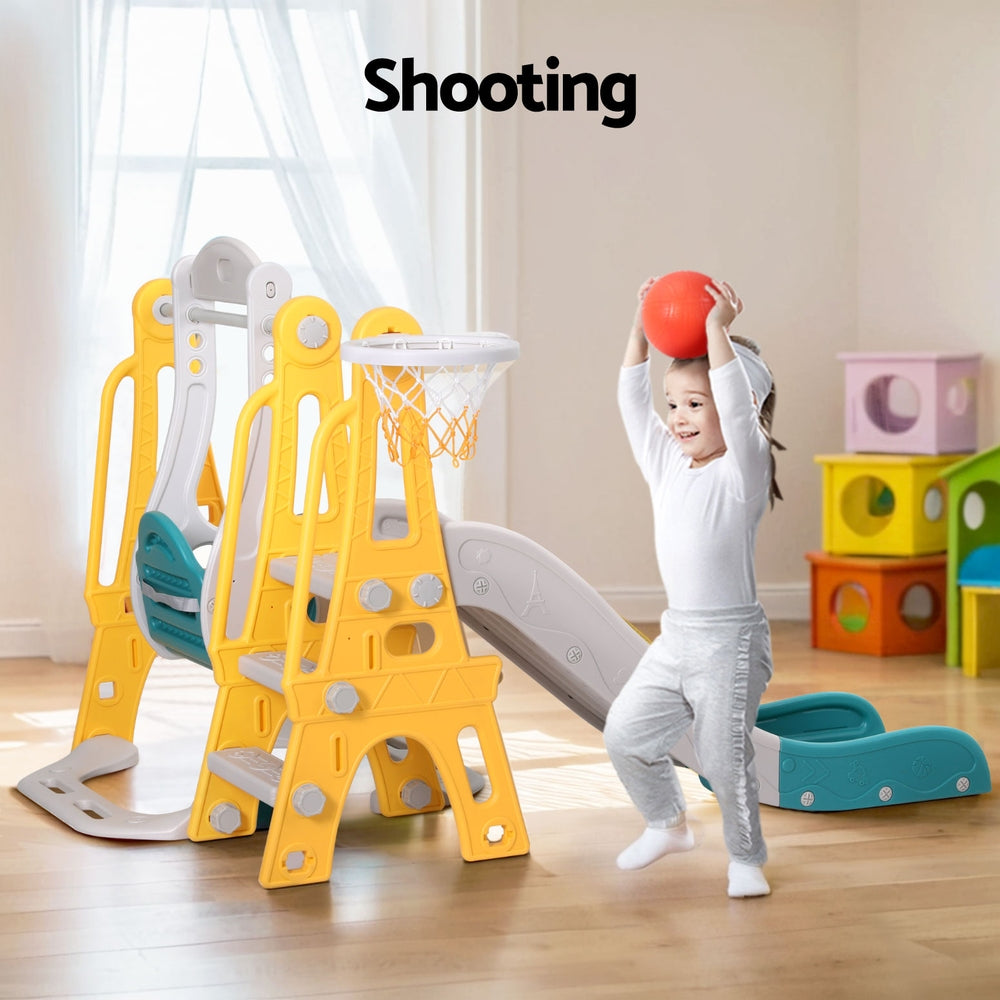 Keezi Kids Slide & Swing Set – 140cm Adjustable Outdoor Playset with Basketball Hoop (Green)
