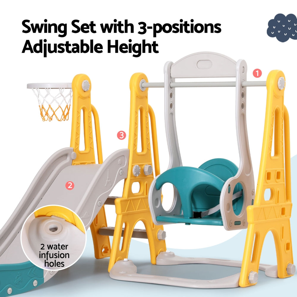 Keezi Kids Slide & Swing Set – 140cm Adjustable Outdoor Playset with Basketball Hoop (Green)