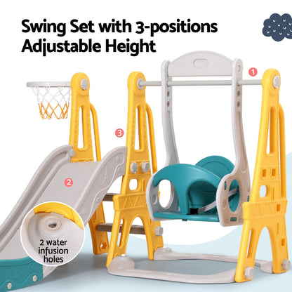 Keezi Kids Slide & Swing Set – 140cm Adjustable Outdoor Playset with Basketball Hoop (Green)
