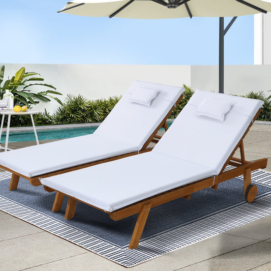 Gardeon 2x Wooden Sun Lounges – White Outdoor Day Beds with Wheels for Patio