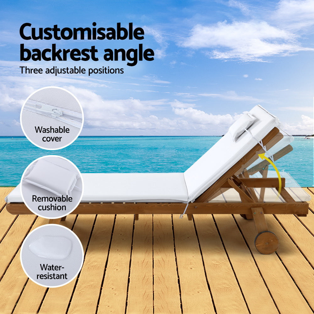 Gardeon 2x Wooden Sun Lounges – White Outdoor Day Beds with Wheels for Patio