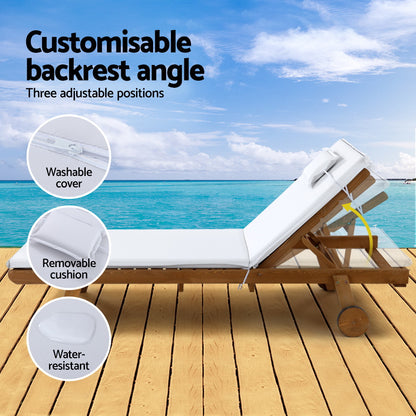 Gardeon 2x Wooden Sun Lounges – White Outdoor Day Beds with Wheels for Patio
