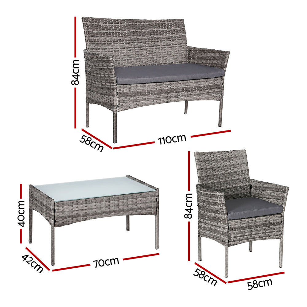Gardeon 4-Seater Outdoor Sofa Set – Grey Wicker Lounge with Table & Chairs