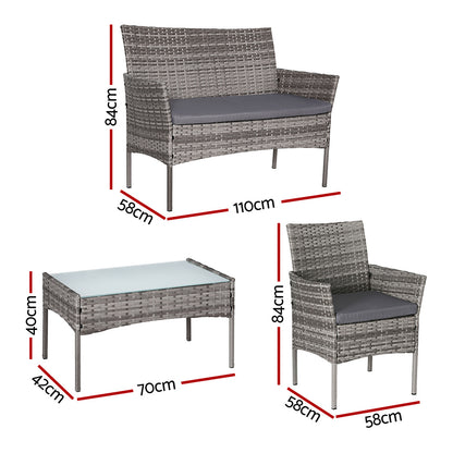 Gardeon 4-Seater Outdoor Sofa Set – Grey Wicker Lounge with Table & Chairs