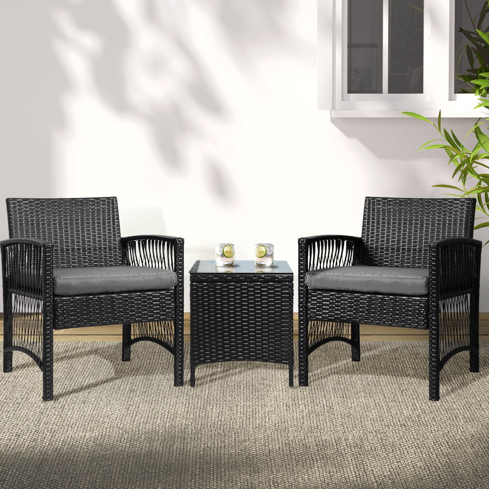 Gardeon 3PC Outdoor Bistro Set – Black Wicker Chairs & Table with Cushions