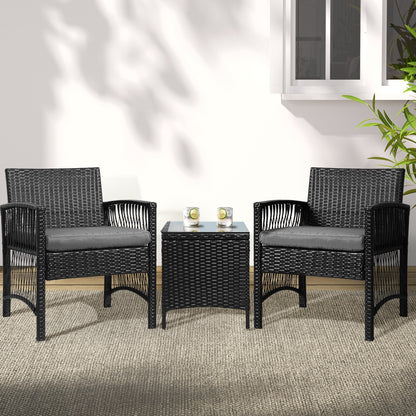 Gardeon 3PC Outdoor Bistro Set – Black Wicker Chairs & Table with Cushions