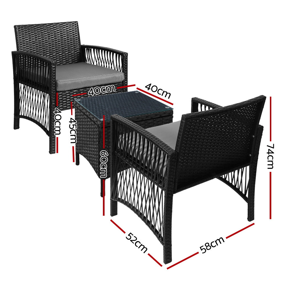 Gardeon 3PC Outdoor Bistro Set – Black Wicker Chairs & Table with Cushions