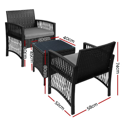 Gardeon 3PC Outdoor Bistro Set – Black Wicker Chairs & Table with Cushions