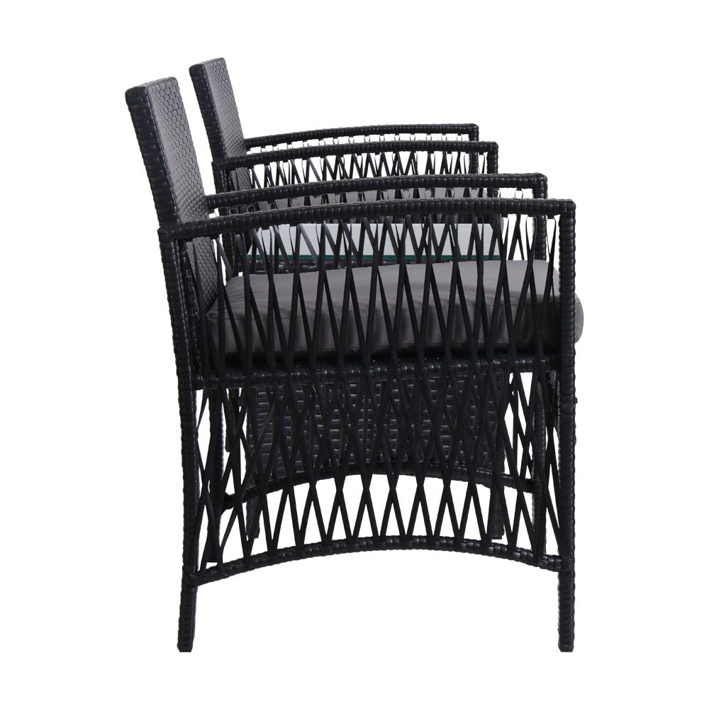 Gardeon 3PC Outdoor Bistro Set – Black Wicker Chairs & Table with Cushions
