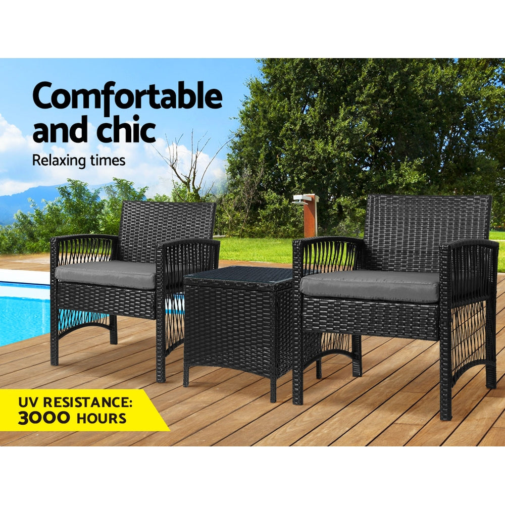 Gardeon 3PC Outdoor Bistro Set – Black Wicker Chairs & Table with Cushions