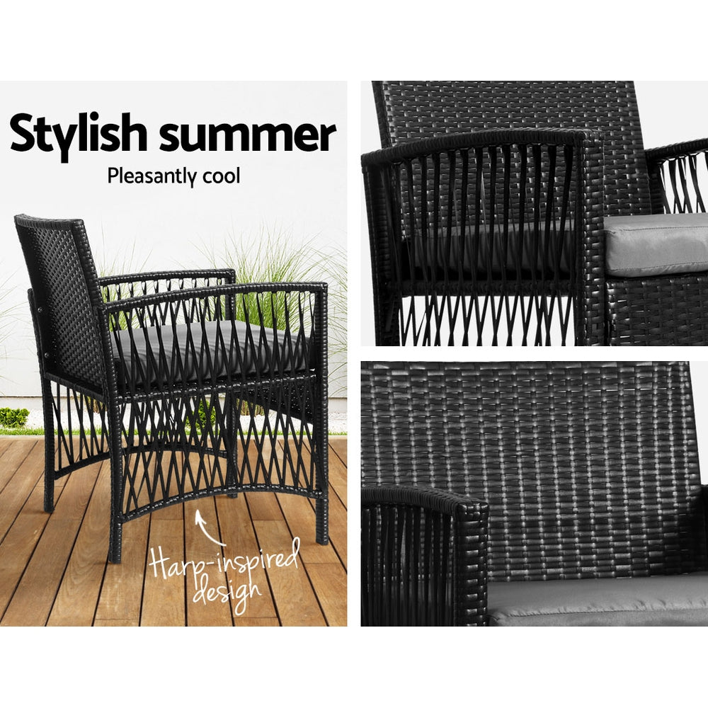 Gardeon 3PC Outdoor Bistro Set – Black Wicker Chairs & Table with Cushions