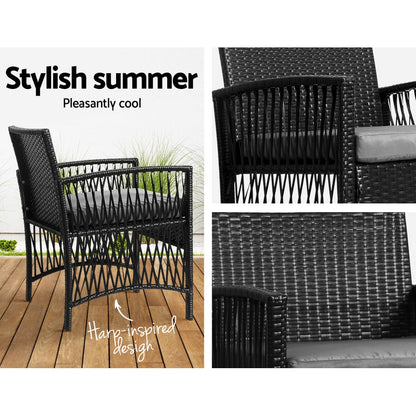 Gardeon 3PC Outdoor Bistro Set – Black Wicker Chairs & Table with Cushions