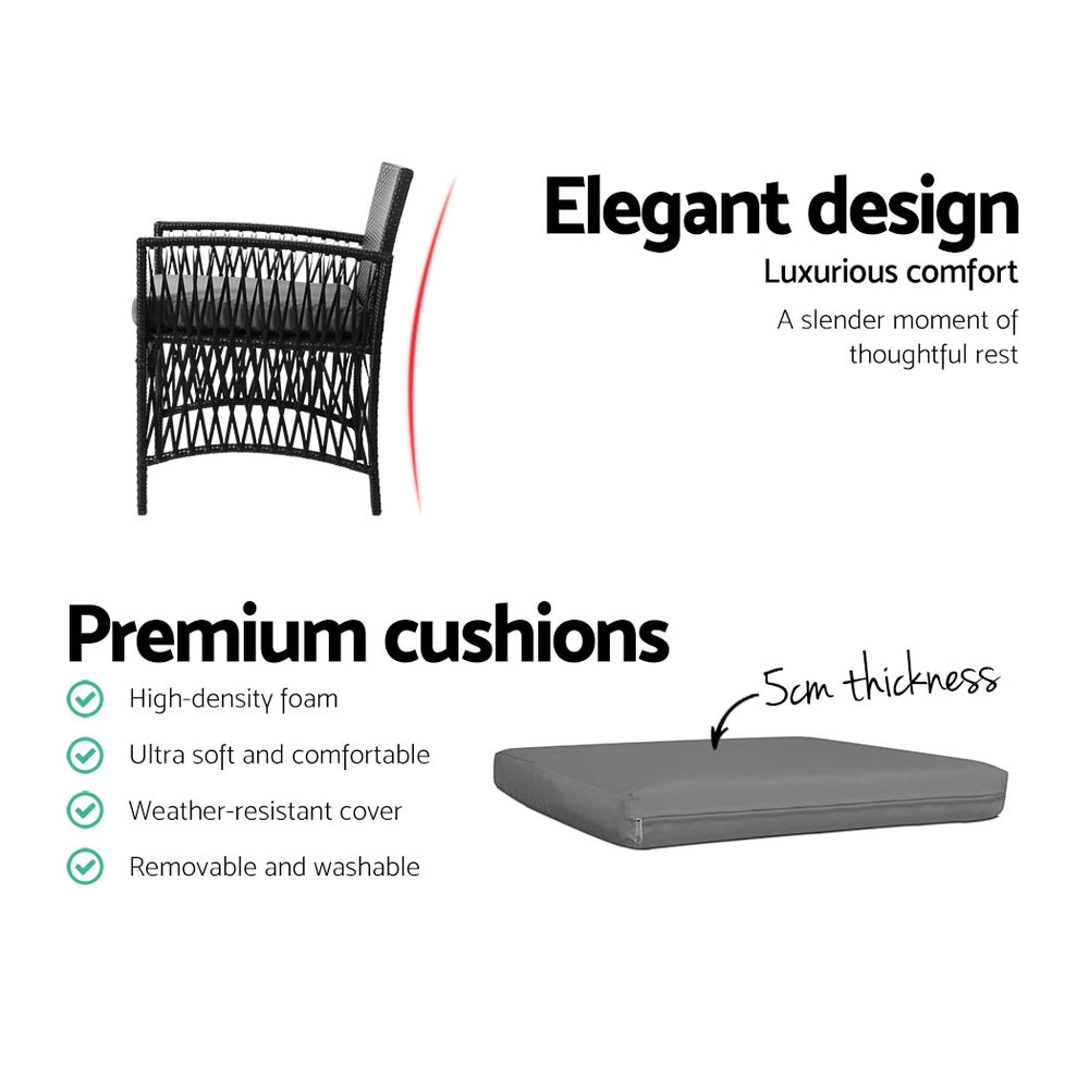 Gardeon 3PC Outdoor Bistro Set – Black Wicker Chairs & Table with Cushions