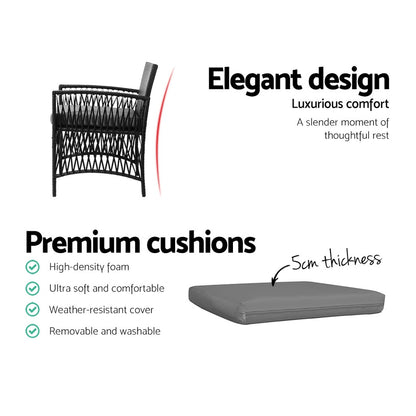 Gardeon 3PC Outdoor Bistro Set – Black Wicker Chairs & Table with Cushions