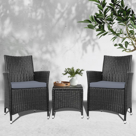 Gardeon 3-Piece Outdoor Bistro Set – All Black Wicker Chairs & Table with Cushions