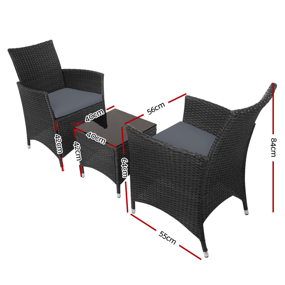Gardeon 3-Piece Outdoor Bistro Set – All Black Wicker Chairs & Table with Cushions