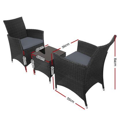 Gardeon 3-Piece Outdoor Bistro Set – All Black Wicker Chairs & Table with Cushions
