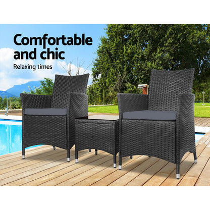 Gardeon 3-Piece Outdoor Bistro Set – All Black Wicker Chairs & Table with Cushions