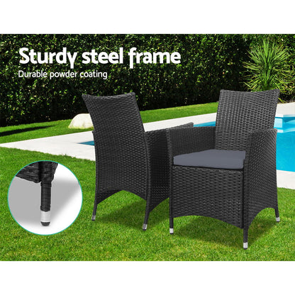Gardeon 3-Piece Outdoor Bistro Set – All Black Wicker Chairs & Table with Cushions