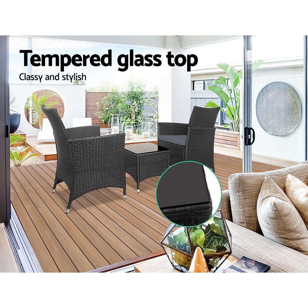 Gardeon 3-Piece Outdoor Bistro Set – All Black Wicker Chairs & Table with Cushions