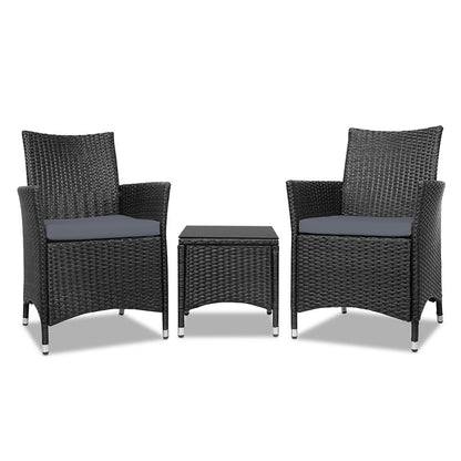 Gardeon 3-Piece Outdoor Bistro Set – All Black Wicker Chairs & Table with Cushions