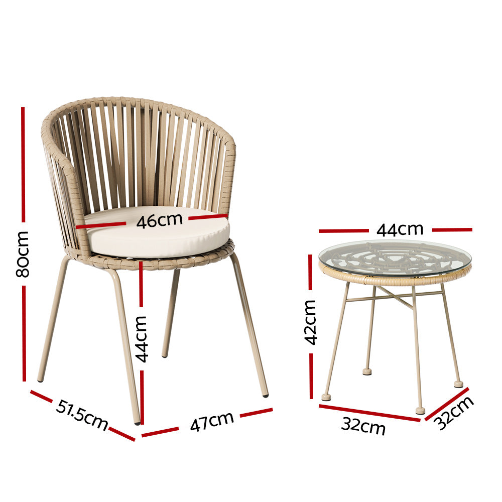 Gardeon 3PC Outdoor Bistro Set – Beige Rope Chairs & Table Patio Setting