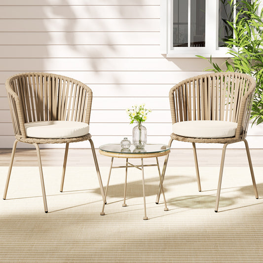 Gardeon 3PC Outdoor Bistro Set – Beige Rope Chairs & Table Patio Setting