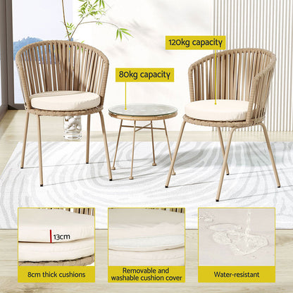 Gardeon 3PC Outdoor Bistro Set – Beige Rope Chairs & Table Patio Setting