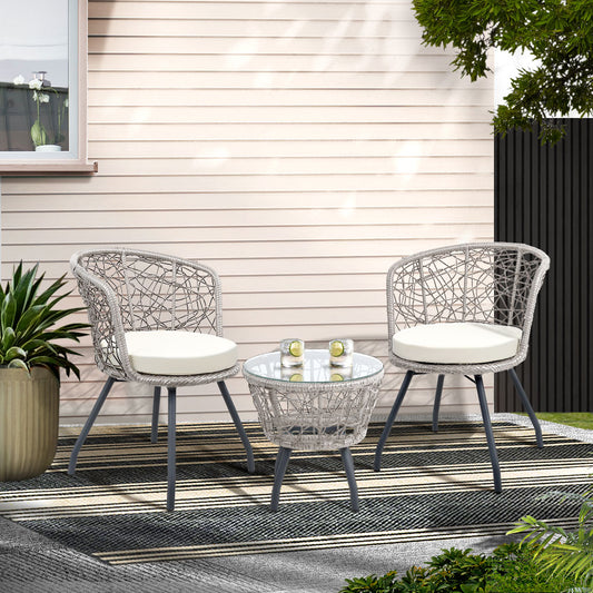 Gardeon 3PC Bistro Set – Grey Rattan Outdoor Table & Chair Patio Furniture with Cushions