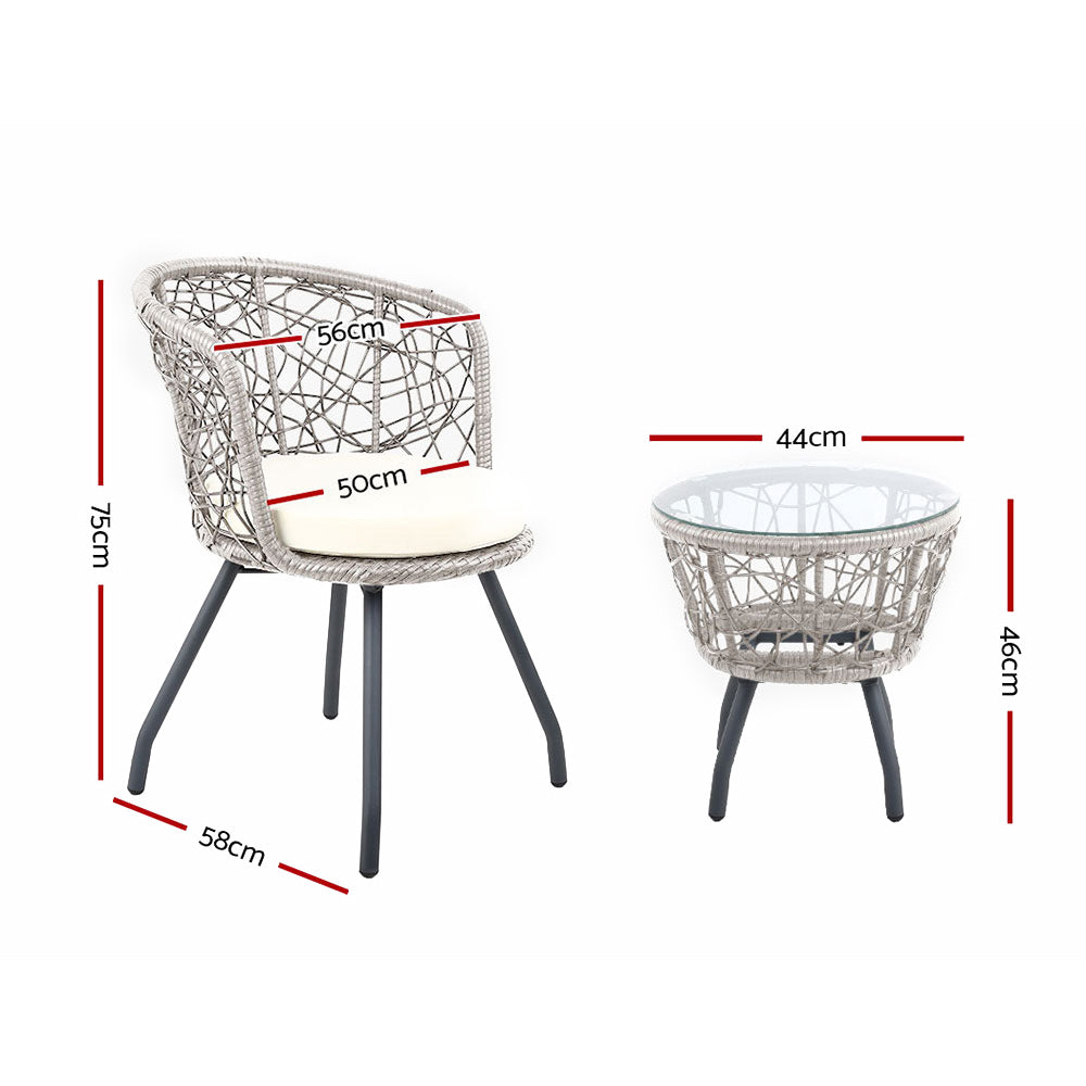 Gardeon 3PC Bistro Set – Grey Rattan Outdoor Table & Chair Patio Furniture with Cushions