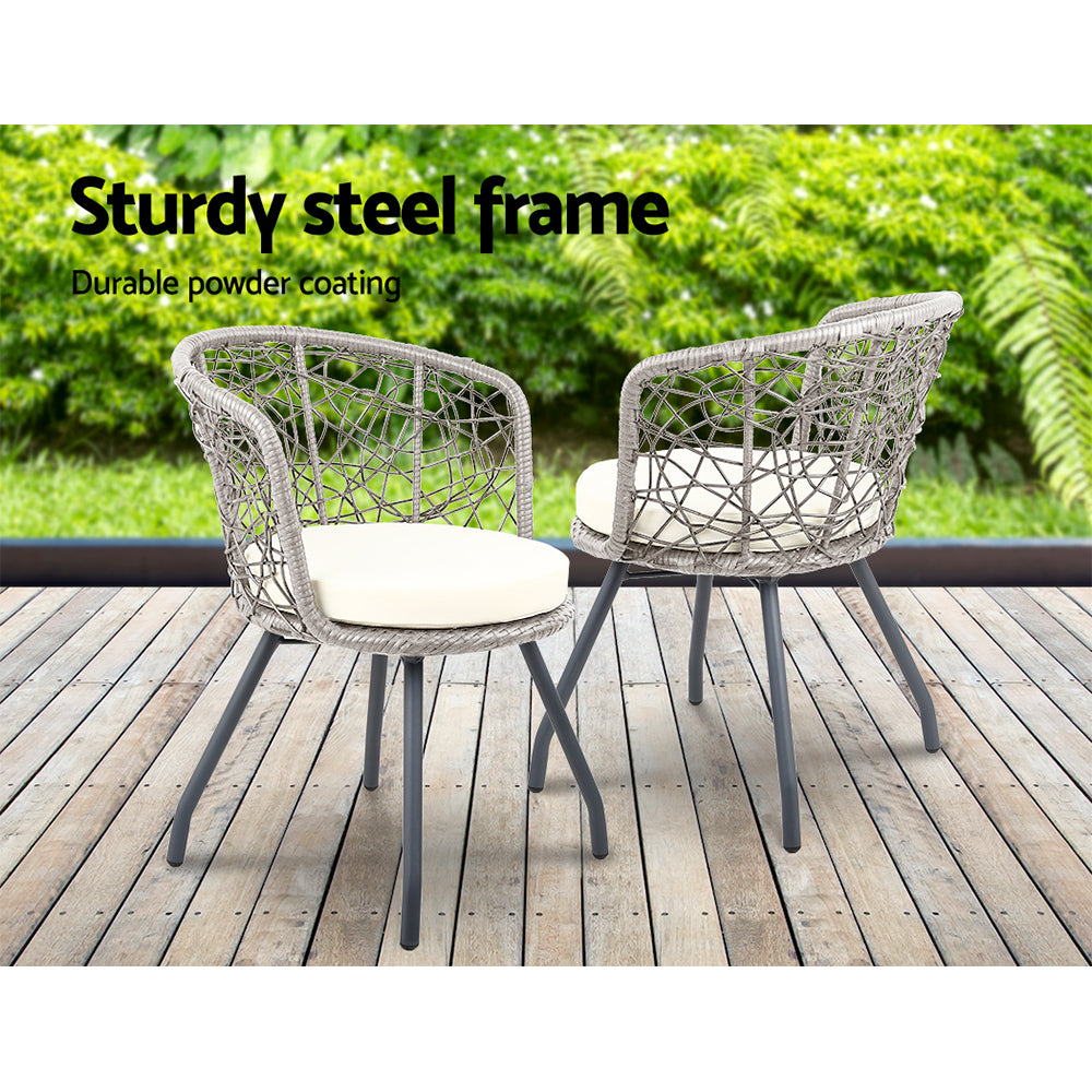 Gardeon 3PC Bistro Set – Grey Rattan Outdoor Table & Chair Patio Furniture with Cushions