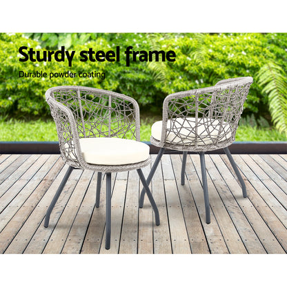 Gardeon 3PC Bistro Set – Grey Rattan Outdoor Table & Chair Patio Furniture with Cushions