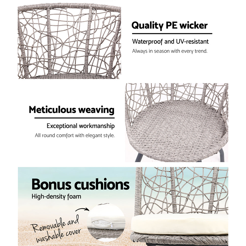 Gardeon 3PC Bistro Set – Grey Rattan Outdoor Table & Chair Patio Furniture with Cushions