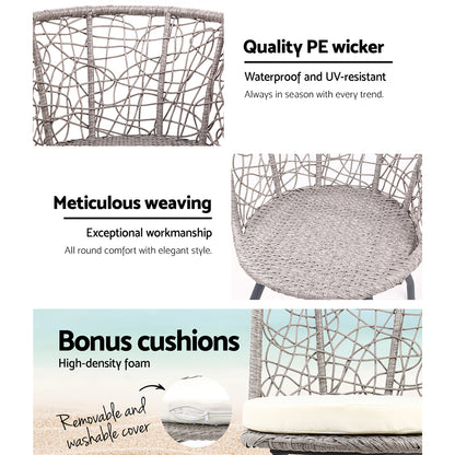 Gardeon 3PC Bistro Set – Grey Rattan Outdoor Table & Chair Patio Furniture with Cushions
