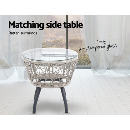 Gardeon 3PC Bistro Set – Grey Rattan Outdoor Table & Chair Patio Furniture with Cushions
