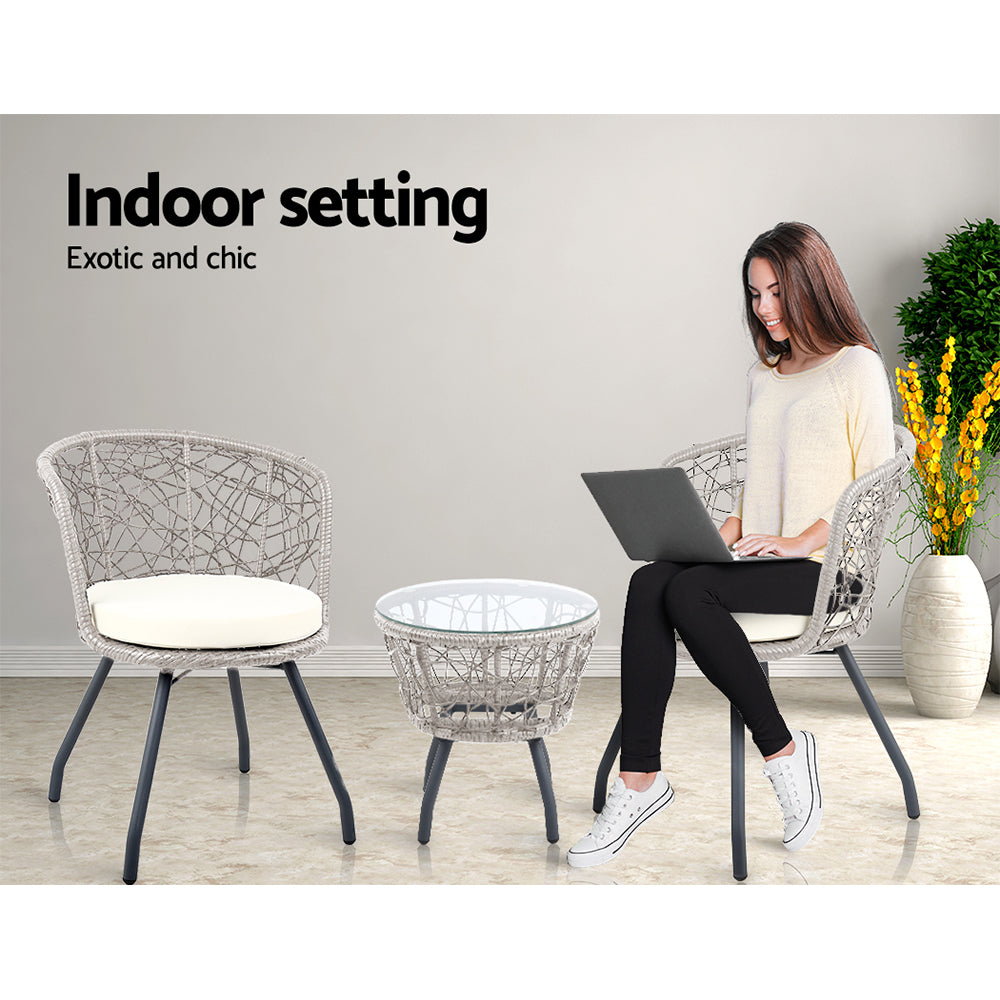 Gardeon 3PC Bistro Set – Grey Rattan Outdoor Table & Chair Patio Furniture with Cushions