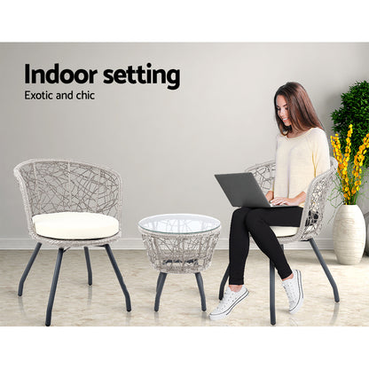 Gardeon 3PC Bistro Set – Grey Rattan Outdoor Table & Chair Patio Furniture with Cushions