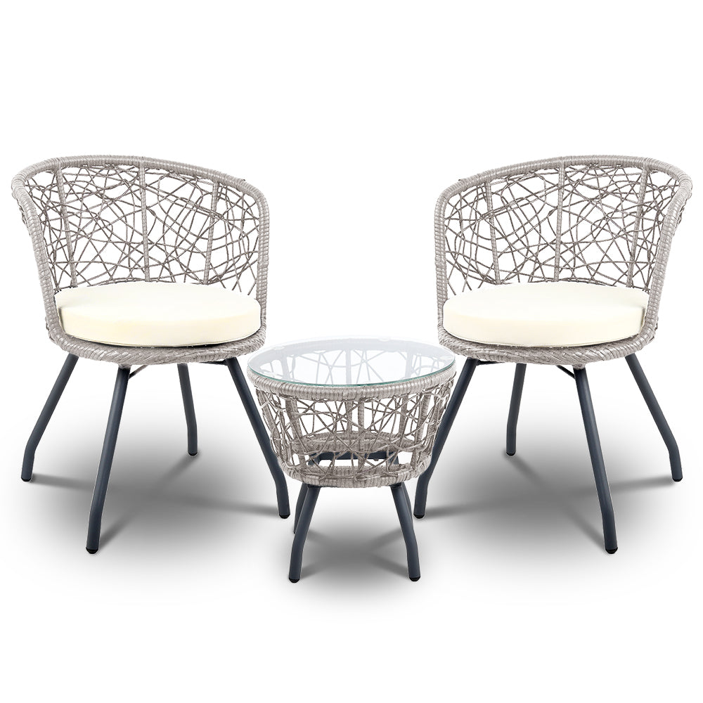 Gardeon 3PC Bistro Set – Grey Rattan Outdoor Table & Chair Patio Furniture with Cushions