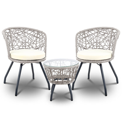 Gardeon 3PC Bistro Set – Grey Rattan Outdoor Table & Chair Patio Furniture with Cushions