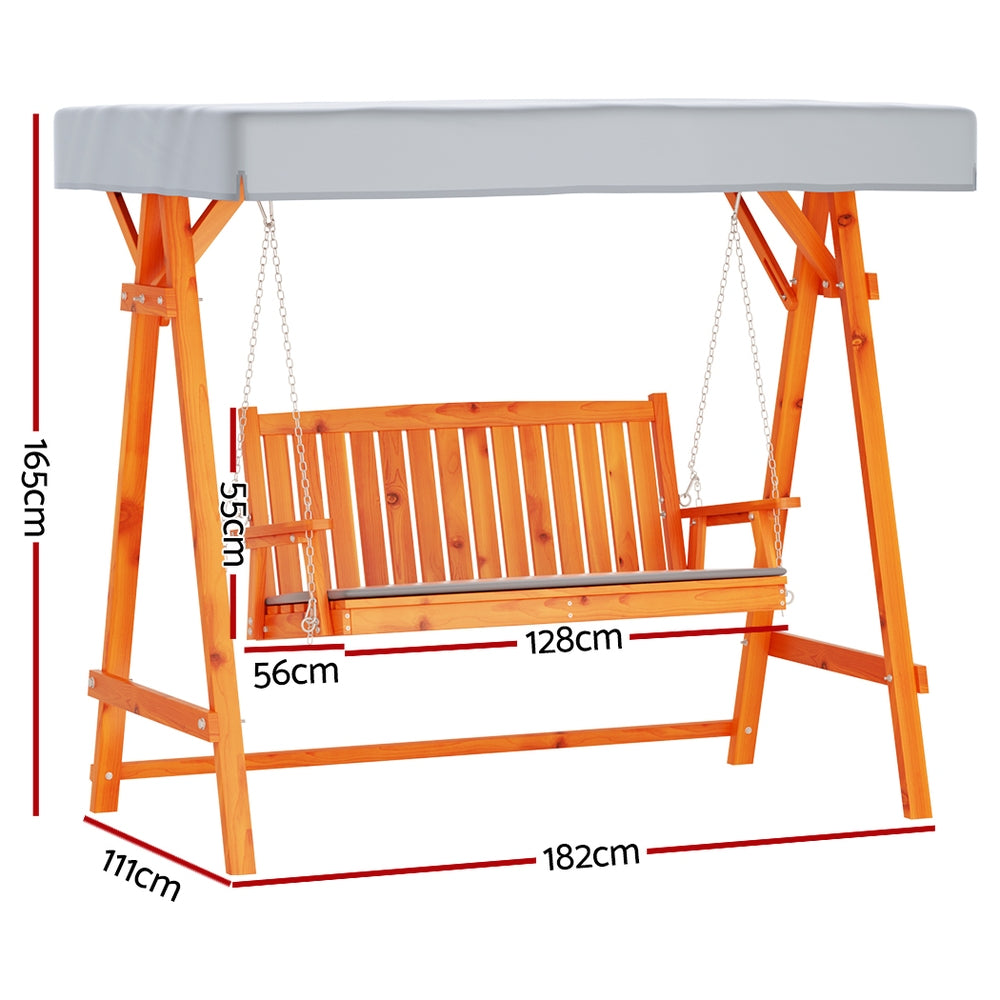 Gardeon 3-Seater Wooden Swing Chair – Teak Outdoor Garden Bench with Canopy & Cushion