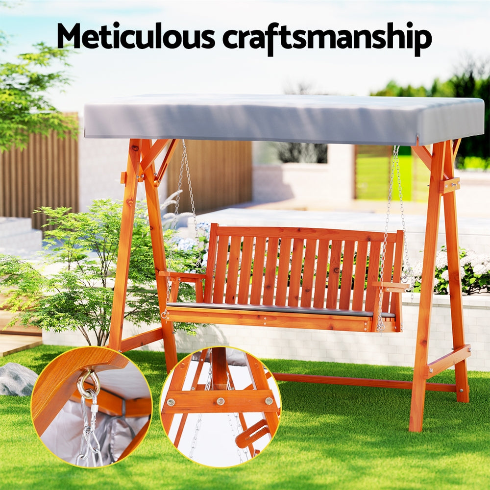 Gardeon 3-Seater Wooden Swing Chair – Teak Outdoor Garden Bench with Canopy & Cushion